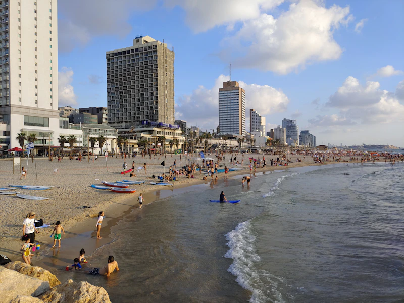People enjoy the beach in front of a city skyline.